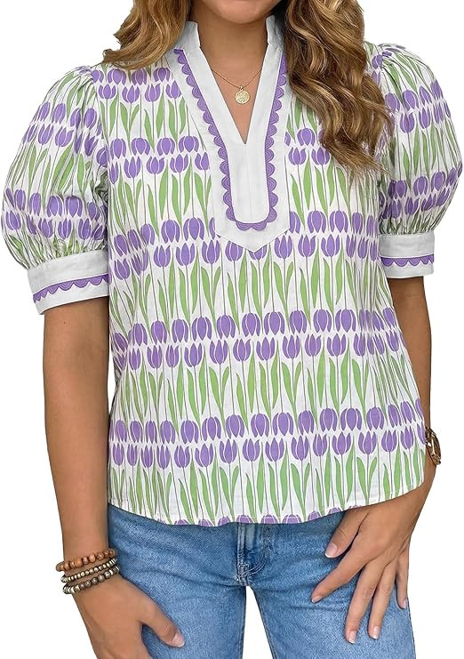 Tankaneo Womens Puff Sleeve Floral Blouse Tops Summer Dressy Casual V Neck Shirts Color Block Loo... | Amazon (US)