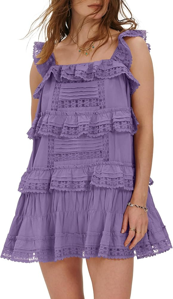 Locachy Women's Summer Flowy Ruffle Patchwork Mini Dress Casual Sleeveless Rompers Sundress with ... | Amazon (US)