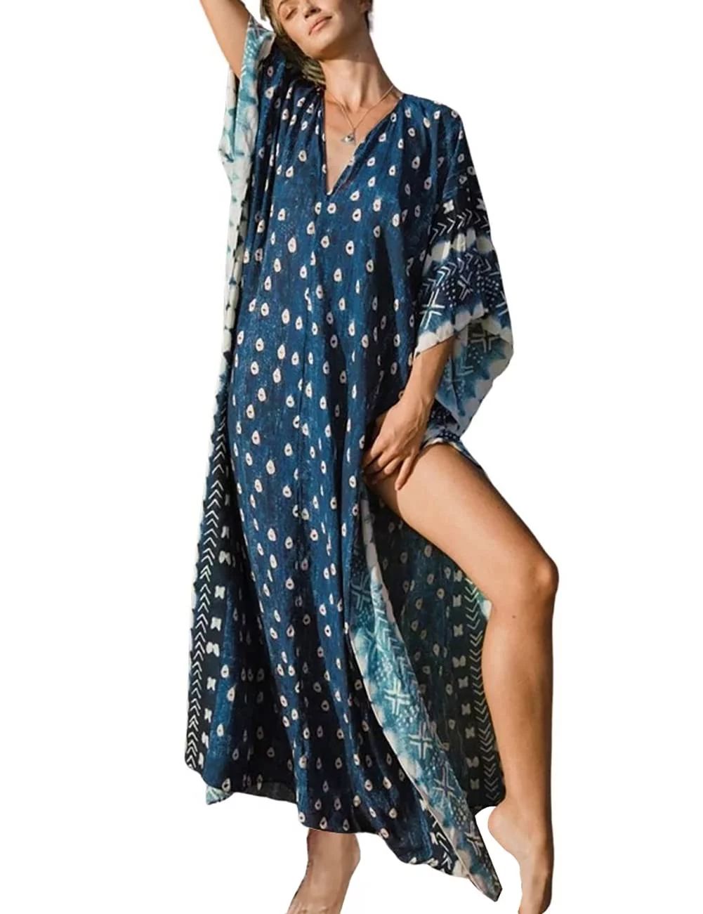 Bsubseach Womens Bathing Suit Cover up Ethnic Print Kaftan Dresses Beach Maxi Dress | Walmart (US)