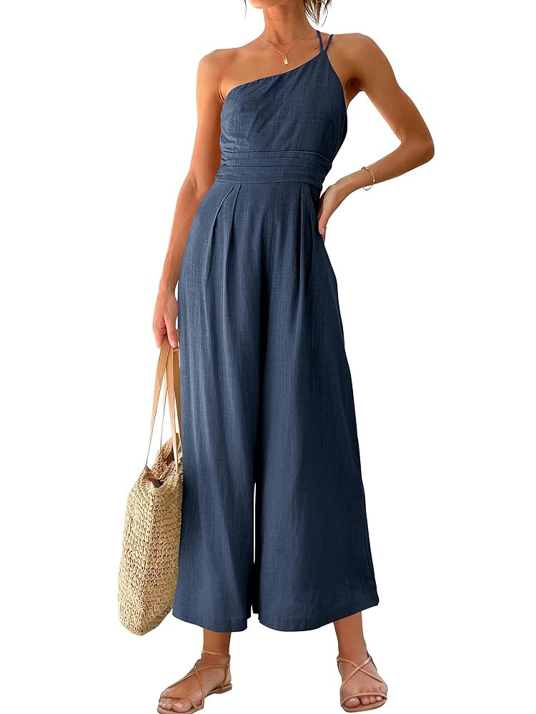ANRABESS Women's Summer Straps One Shoulder High Waist Dressy Casual Wide Leg Linen Jumpsuit Romp... | Amazon (US)