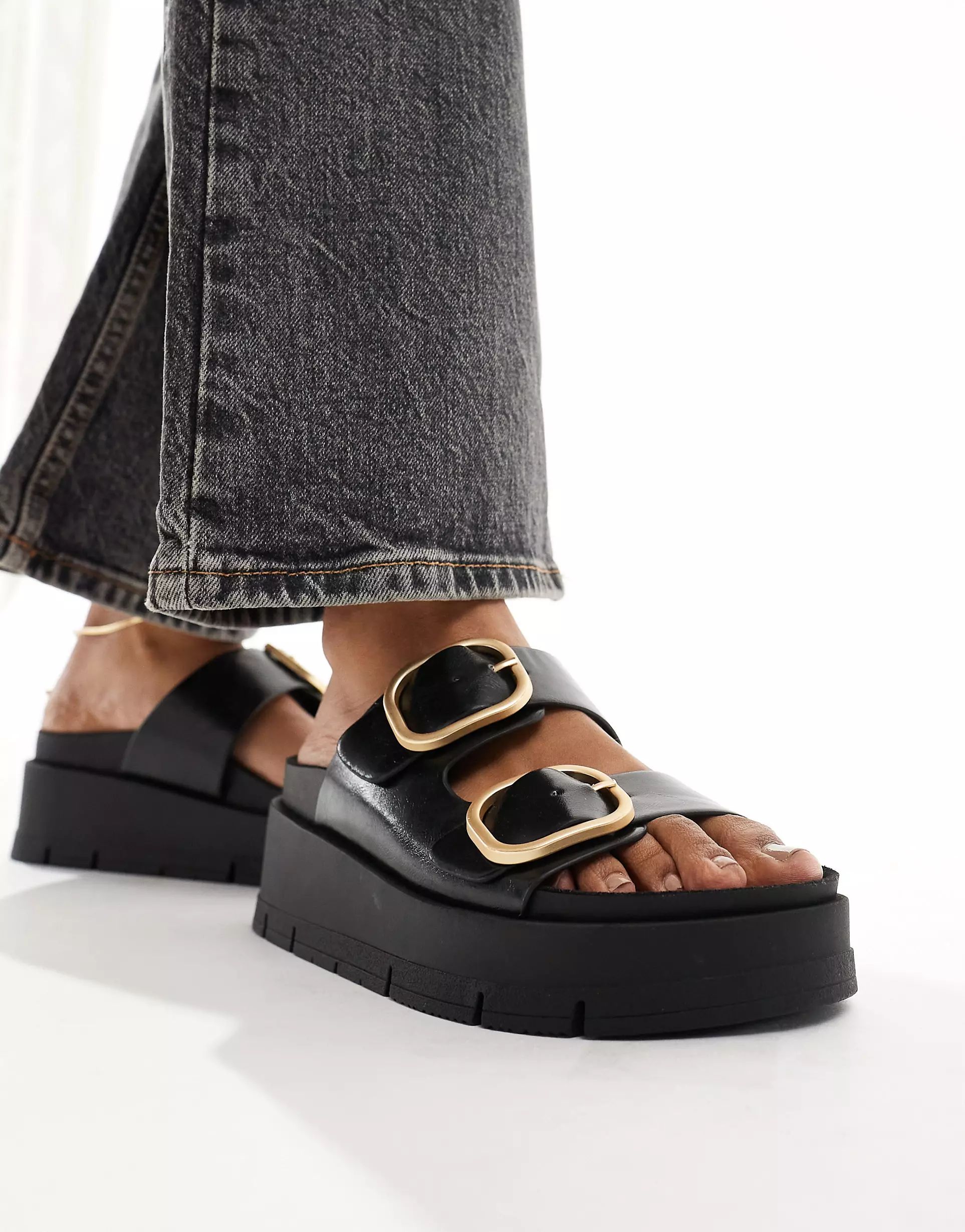 Bershka buckle detail flatform sandals in black | ASOS | ASOS (Global)