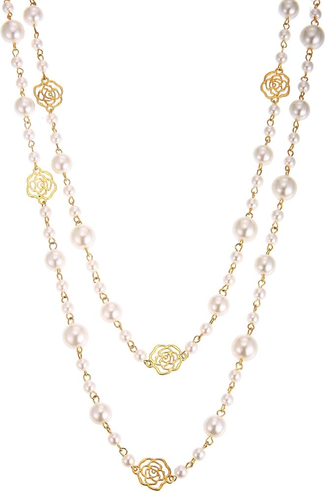Simulated Pearl Strand Layered Necklace for Women, Multi Strand Long Necklace, Dainty Sweater Nec... | Amazon (US)
