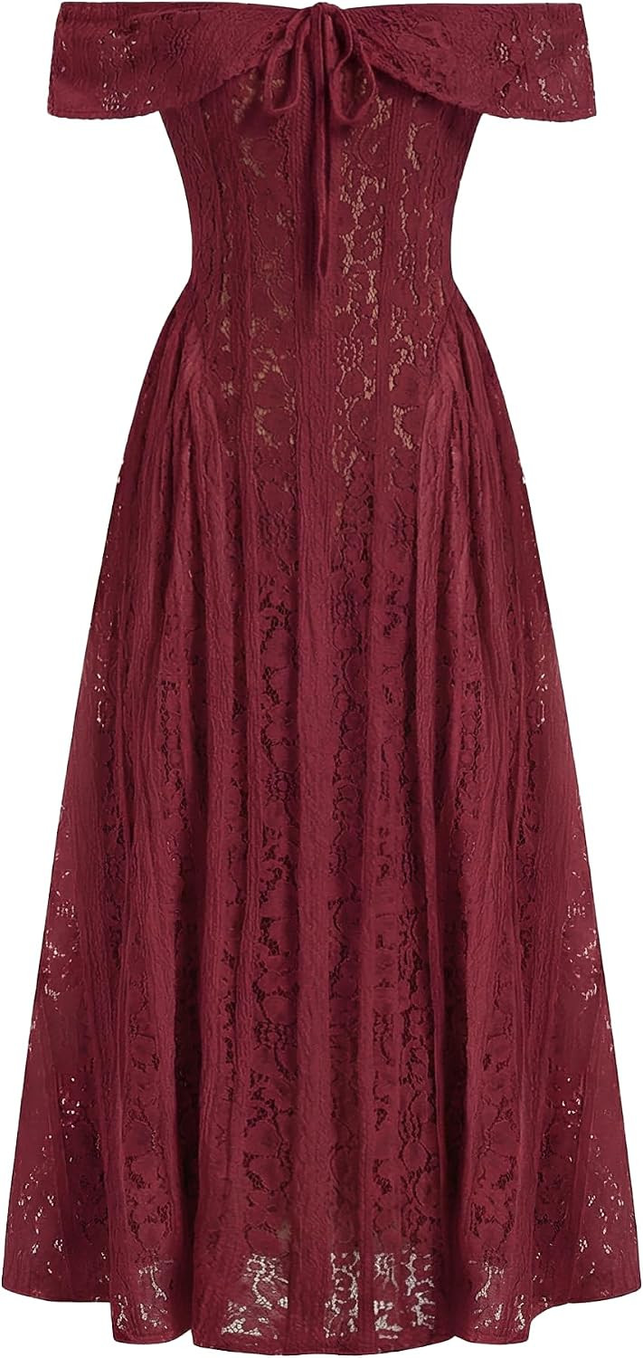 CIDER Off Shoulder Lace Maxi Dress Women Knotted Flared A Line | Amazon (US)