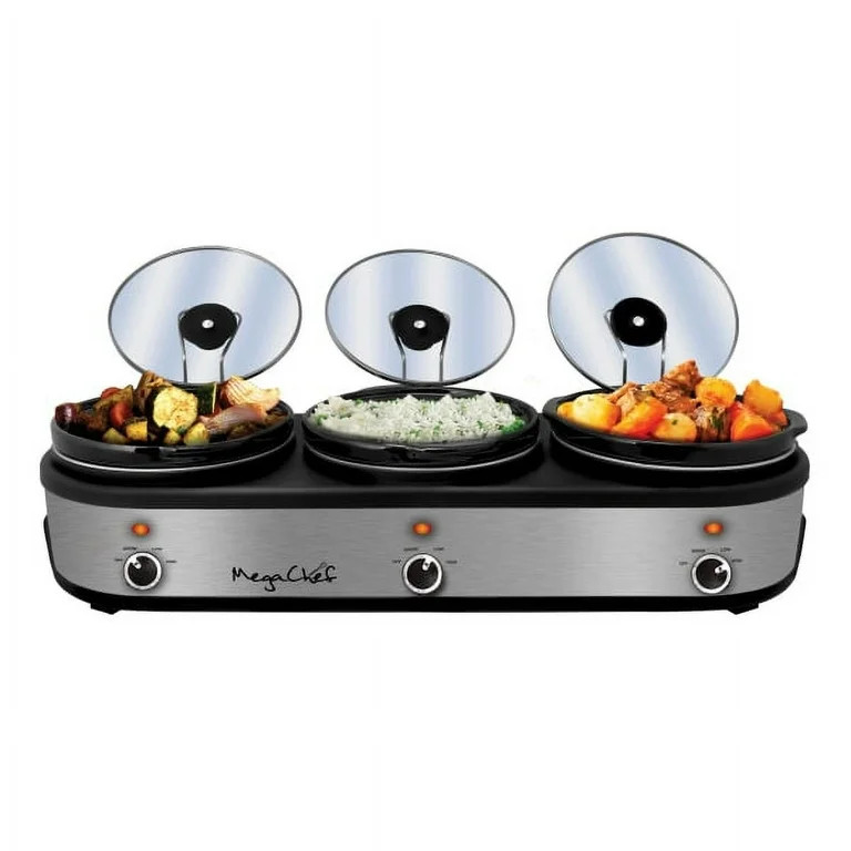 MegaChef Triple 2.5 Qt. Slow Cooker and Buffet Server, Black/Brushed Silver | Walmart (US)
