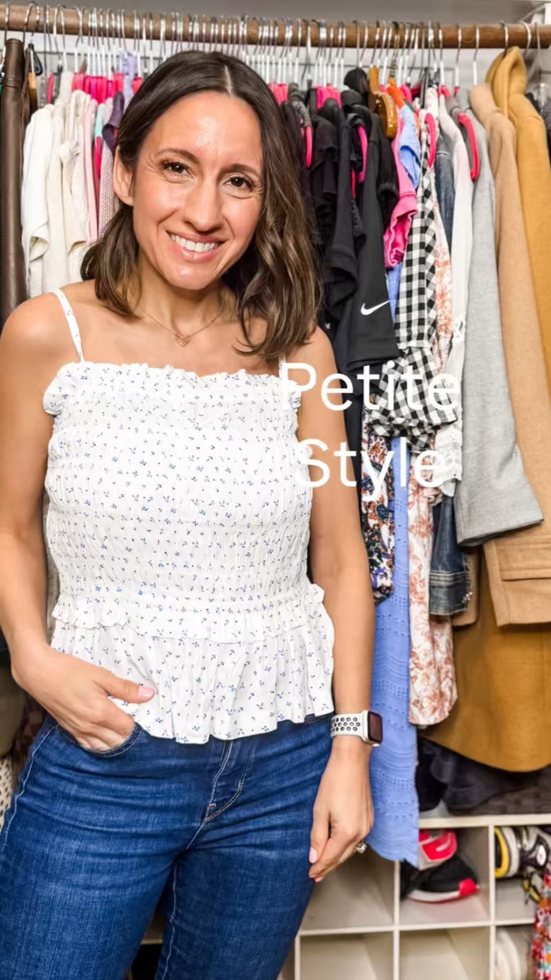 Cute spring outfit. 
Adjustable strap tank top with the cutest ruffle detail. 
Levi’s 501 jeans. Runs true to size. 
Kendra Scott heart necklace in rose quartz. Love this.