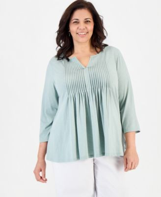 Style & Co Plus Size Pintuck Split-Neck 3/4-Sleeve Top, Macy's Exclusive - Industrial Blue | Macy's