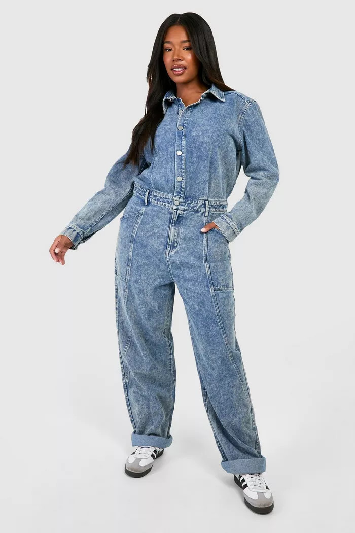 Plus Washed Denim Roll Hem Boilersuit | boohoo (US & Canada)