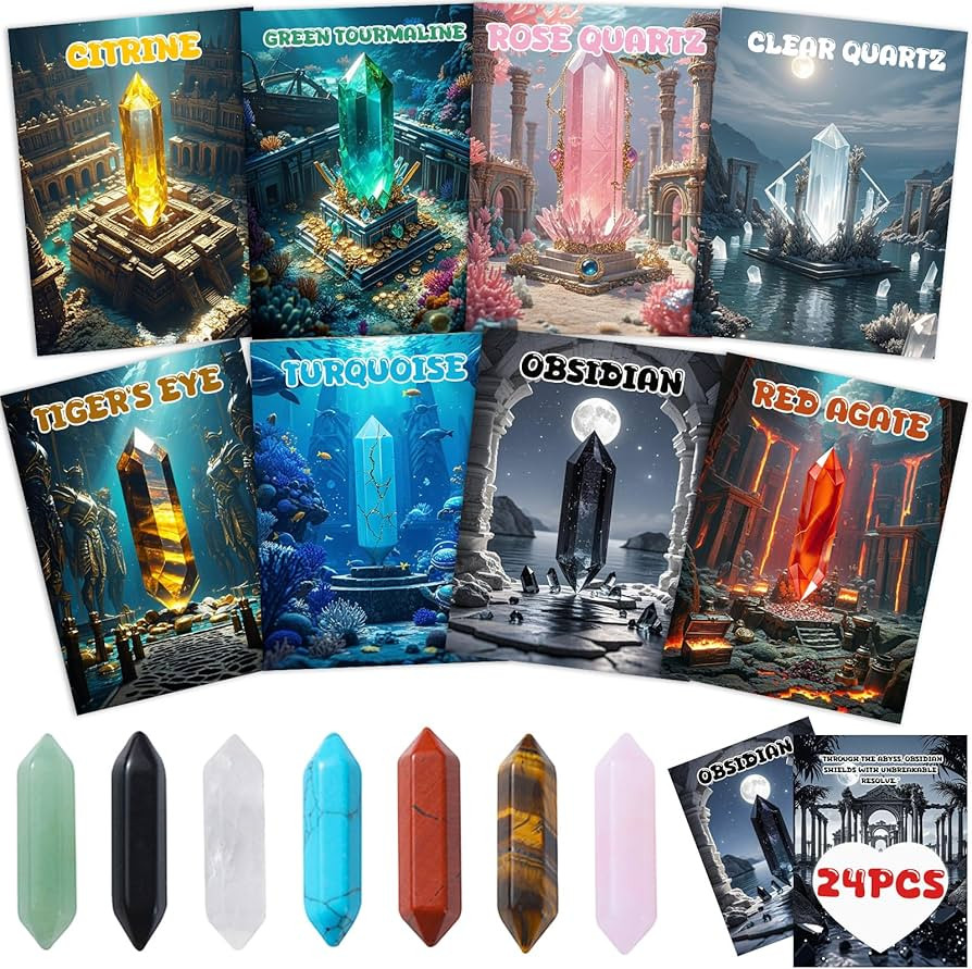 Valentines Day Cards for Kids with Crystals, 24Pack Atlantis-Inspired Themed Cards and Healing Ge... | Amazon (US)