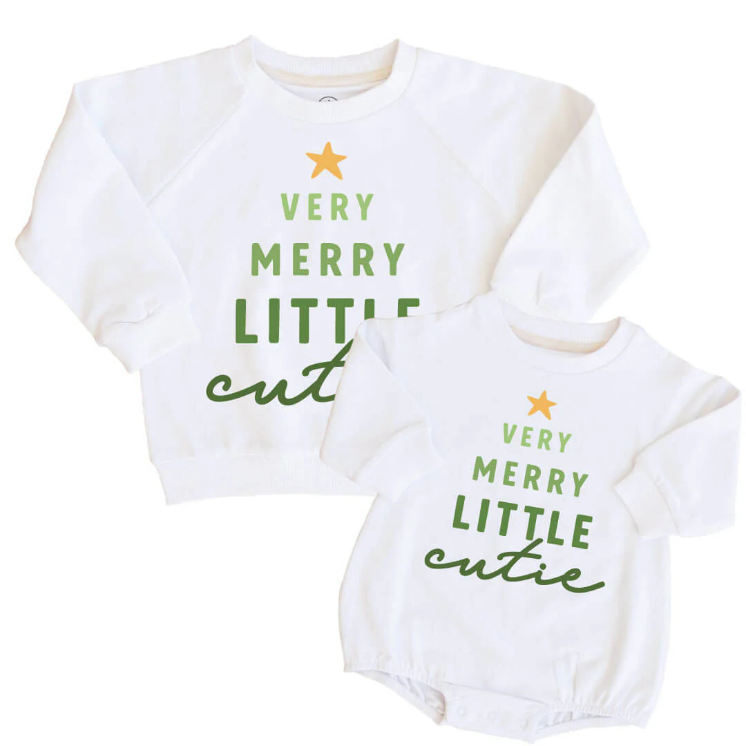 Merry Little Cutie Kid Sweatshirt / Sweatshirt Bubble Romper | White | Caden Lane