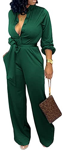 SxClub Green Jumpsuit for Women Dressy Elegant Sexy Long Sleeve Long Straight Pants Office Jumpsuits with Belt Pockets Button(Small) | Amazon (US)