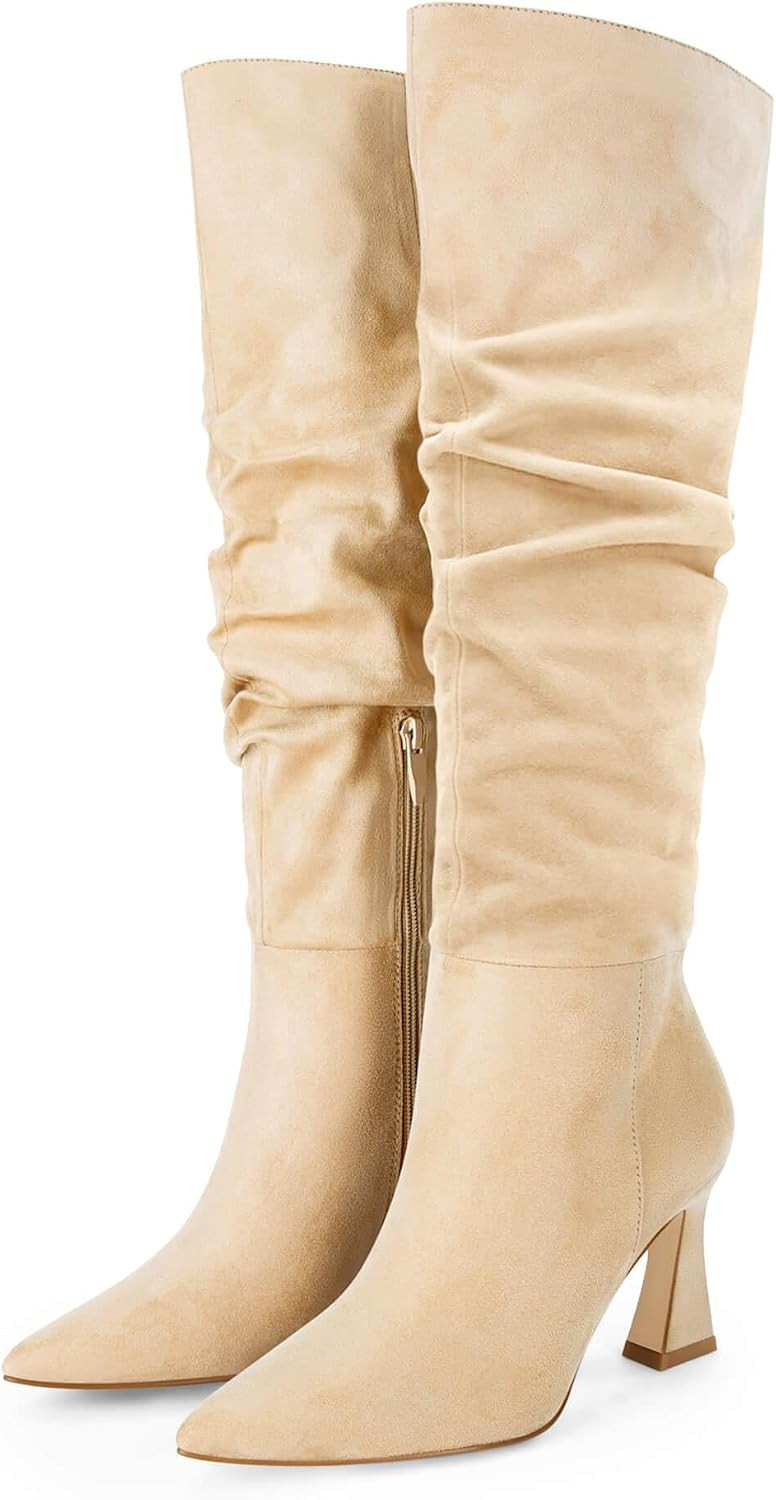 Coutgo Women's Slouchy Knee High Boots Wide Calf Pointed Toe Side Zipper Chunky Heel Long Boots Winter Shoes | Amazon (US)
