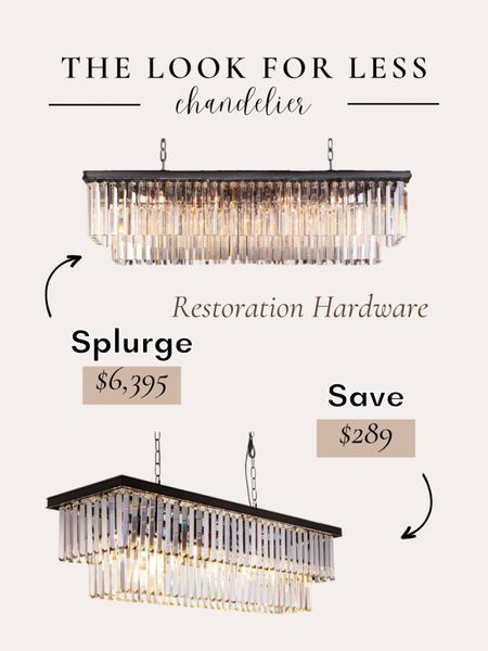 Get the look for less! This identical dupe for the Restoration Hardware Odeon Rectangular chandelier is a fraction of the price! Multiple finishes available. 
#lookforless #vibeforless #rh #rhdupe #splurgevssave #chandelier #crystalchandelier