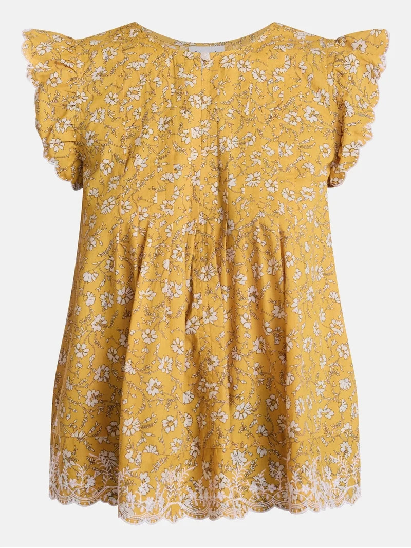 Scenario Women's and Women's Plus Short Sleeve Pleated Embroidered Printed Top, Sizes XS-4X | Walmart (US)