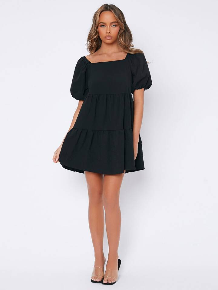 SHEIN PETITE Puff Sleeve Smock Dress | SHEIN