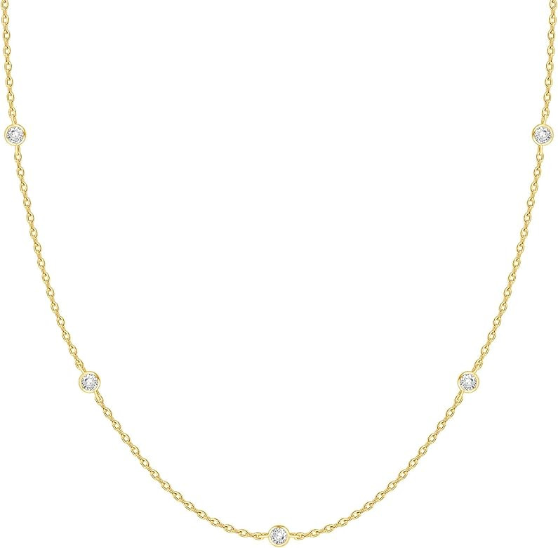 14K Gold Plated Station Necklace | Simulated Diamond BTY Necklace | Womens CZ Chain Necklace | La... | Amazon (US)