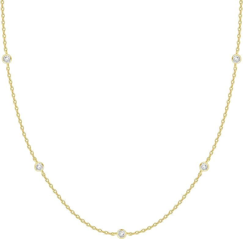 14K Gold Plated Station Necklace | Simulated Diamond BTY Necklace | Womens CZ Chain Necklace | La... | Amazon (US)
