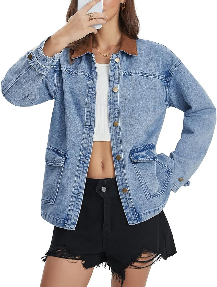 Kedera Chaqueta vaquera con cuello de color en contraste para mujer, de gran tamaño, manga larga... | Amazon (US)