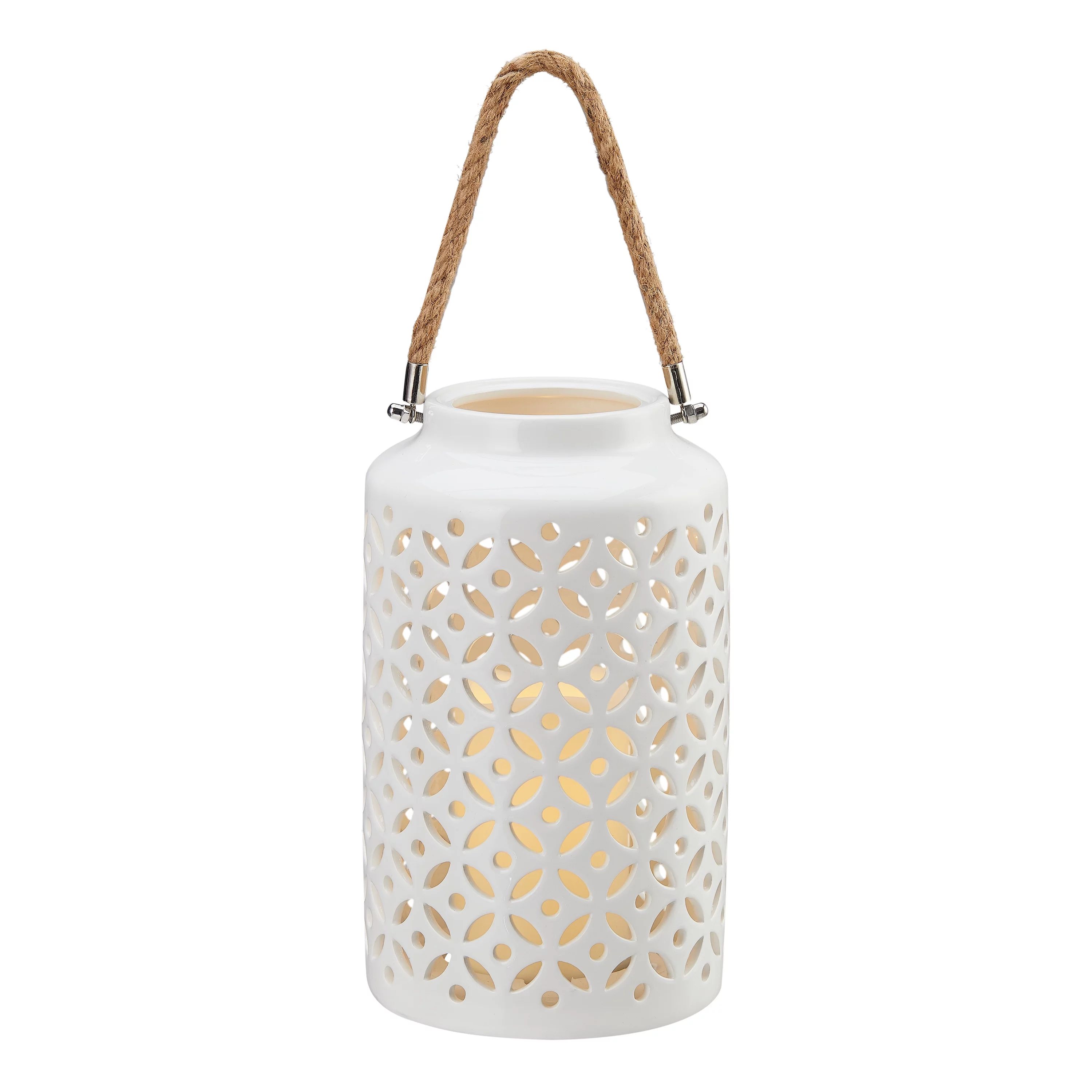 Better Homes & Gardens 10" White Ceramic Lantern with Removable Flickering Candle | Walmart (US)