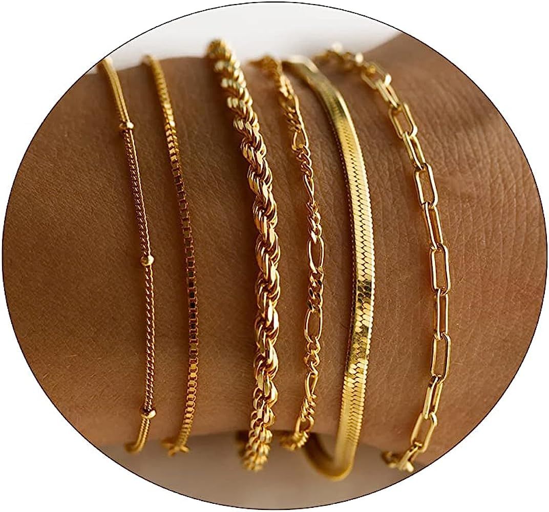 JECOMY Gold Bracelets for Women Gold Chain Bracelet Sets for Women Girls 14K Gold Plated Dainty L... | Amazon (US)