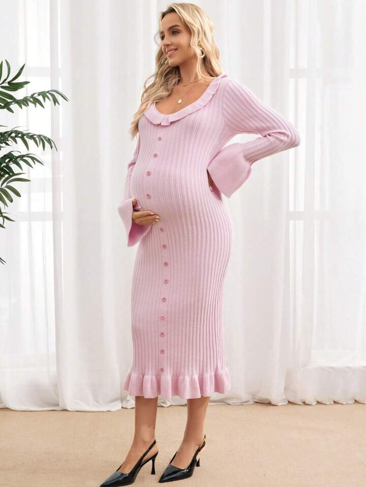 SHEIN Winter Knitted Maternity Dress, Ruffle Hem Fitted Sweater Dress, Pink | SHEIN