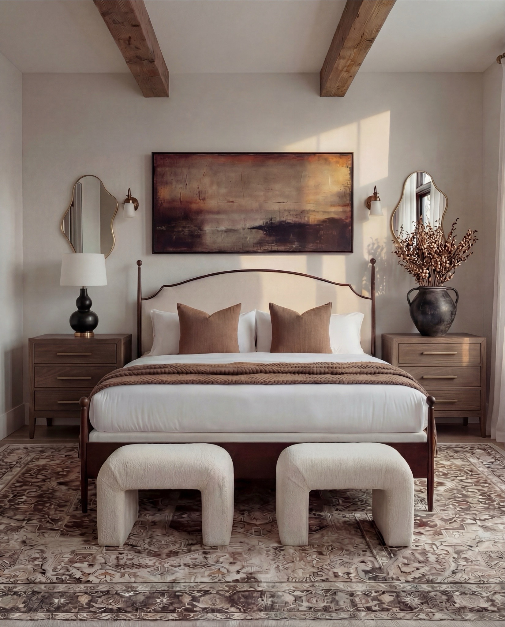 Shop the Look: Bedroom Refresh
• Dark wood bed frame with curved headboard
• Crisp white bedding set (duvet + sheets)
• Warm brown accent pillows
• Textured knit or woven throw blanket (camel/brown)
• Ivory boucle bench stools (set of two)
• Vintage-style patterned area rug (neutral brown + taupe tones)
• Wood nightstands with drawers
• Table lamps with white drum shades
• Wall sconces with brass detail
• Framed landscape artwork above bed
• Organic-shaped wall mirrors (brass frame)
• Black fluted dresser with brass hardware
• Round brass wall mirror
• Sculptural white ceramic bowl
• Decorative books with wood bead garland
• Neutral ceramic vase with dried branches
• Upholstered accent chair (cream fabric, wood frame)
• Slim brass floor lamp with white shade

#LTKSaleAlert #LTKHome