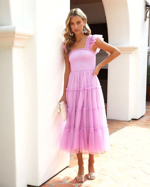 Fairytale Love Tulle Smocked Tiered Midi Dress - Lilac | VICI Collection