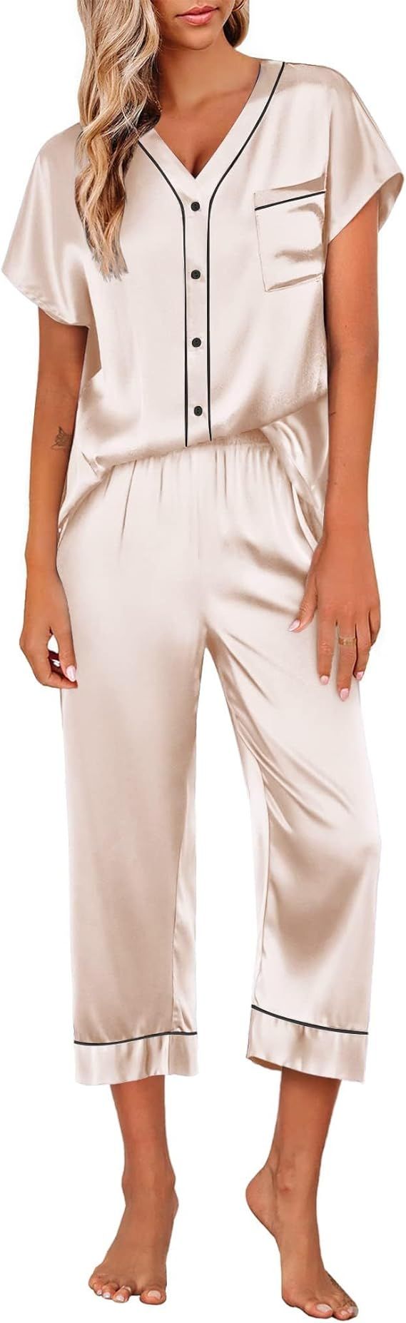 Ekouaer Women Satin Pajamas Set Button Up Loungewear Short Sleeve V-Neck PJs Two Piece Silky Paja... | Amazon (US)
