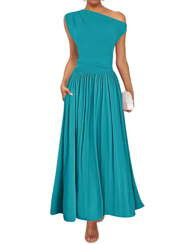 ZESICA Women's Summer 2025 Sleeveless Maxi Dress One Shoulder Casual Slim Swing Pleated Formal Dr... | Amazon (US)