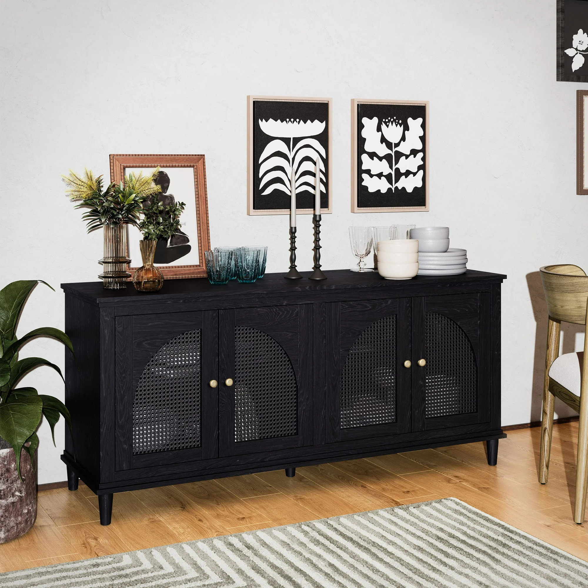 Beautiful Drew Rattan 4-Door Buffet Sideboard by Drew Barrymore, 2 Adjustable Shelves, Black Fini... | Walmart (US)
