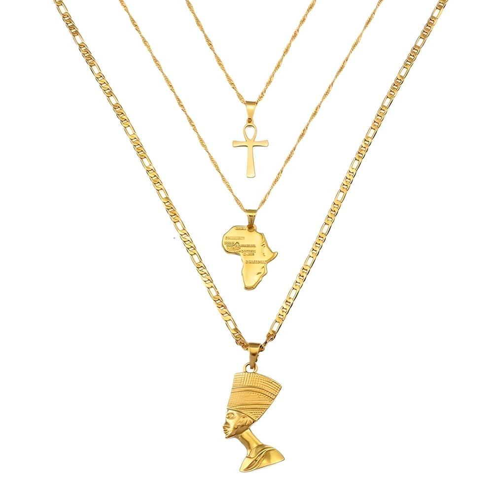 14k Yellow Gold Together Ankh Africa Map Nefertiti Necklace For Women - 925 Sterling Silver Set 3... | Amazon (US)