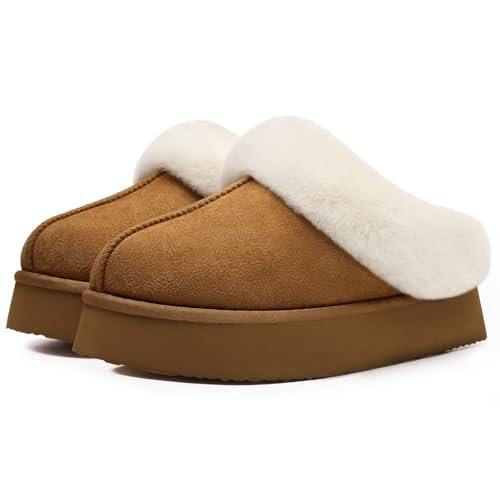 Litfun Fuzzy Platform Slippers for Women Comfy Winter House Shoes With Memory Foam Indoor Outdoor, Suede Chestnut 44-45 (size 9.5-10) | Amazon (US)