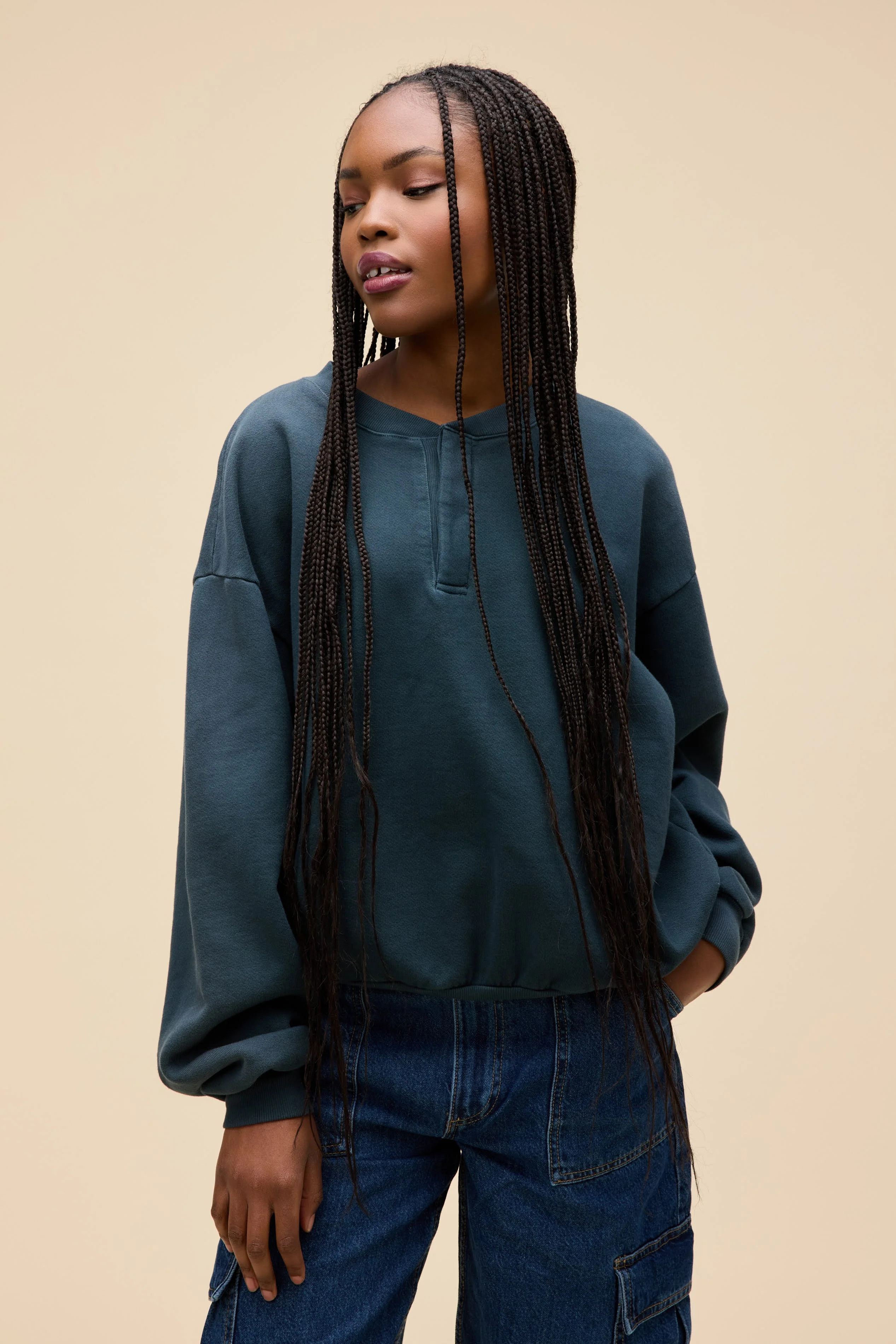 Solid Oversized Henley Sweatshirt | Daydreamer