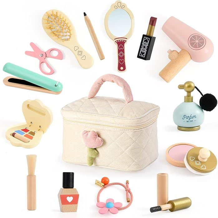 Atoylink Wooden Makeup Toy Set, 15Pcs Hair Salon Girl Toys Toddler Pretend Play Makeup Kit with P... | Amazon (US)