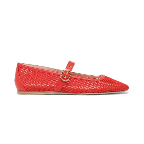 Red Woven Mesh Ballet Flats for Women Dressy Raffia Mary Jane Flats with Buckle Summer Fishnet Straw Ballerina Flat Shoes | Amazon (US)