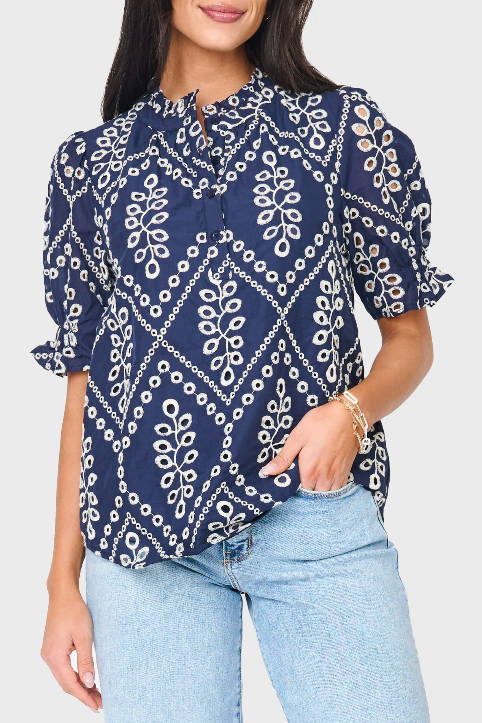 Dianthus Eyelet Henley Blouse | Puff Sleeve Cotton Poplin Top | Gibsonlook