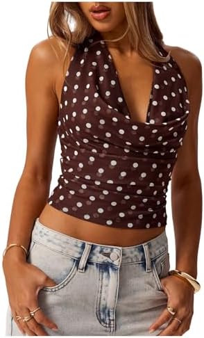 MakeMeChic Women's Polka Dots Halter Top Crop Draped Cowl Neck Sleeveless Y2K Going Out Top | Amazon (US)