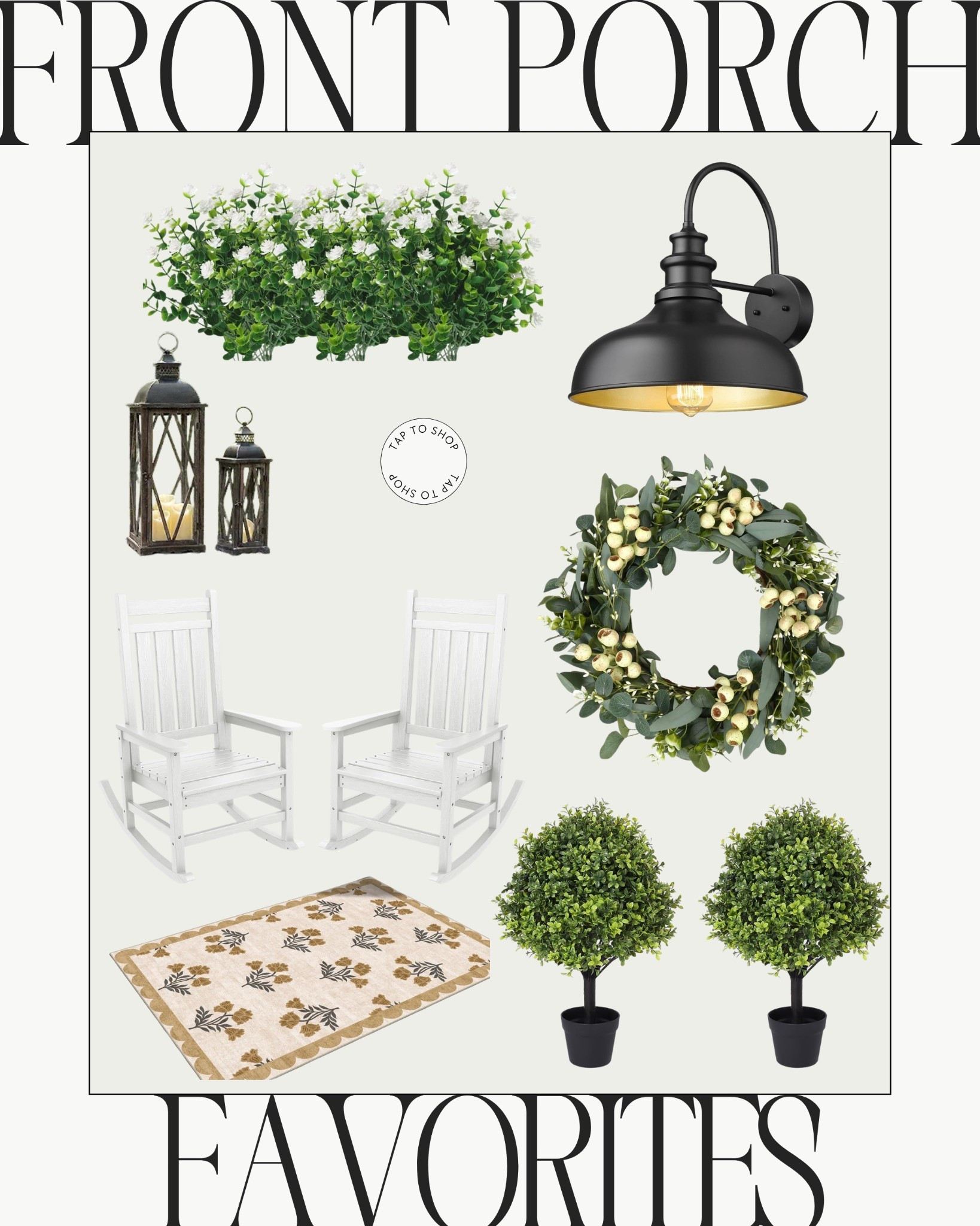 Front porch // decor // outdoor // spring // Amazon // home // faux plants // lighting // rug // outdoor rug // rocking chair 

#LTKSeasonal #LTKHome