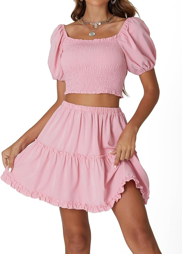 LYANER Women's Two Pieces Outfits Pink Top Outfit Pink Mini Skirt Outfit Pink Skirt Set Outfit Ideas | Amazon (US)