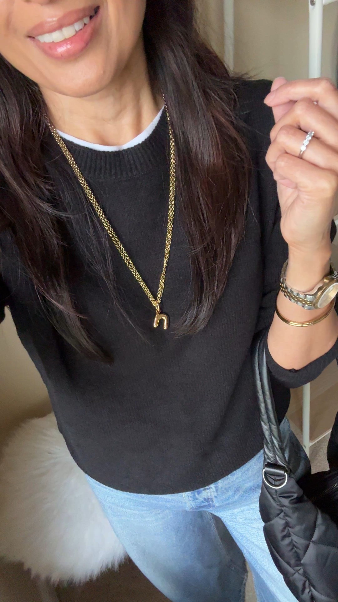 Sweatpant jeans. 
-It took me seeing a pair in person to appreciate the concept, as a true denim fabric lover. But the feel, the drape, the look, and of course the comfort ended up winning me over. 
-I’m wearing the designer version here, but am also linking my favorite alternative to the popular designer pair that has been restocked in all sizes and currently on sale for around $53-$59. The look for less option I am recommending is the best alternative that I have found after trying out a few pairs. Size down. The regular length is a bit long for me with flat shoes, but actually looks good when it skims the floor. 
-Soft classic crewneck sweater. I like to size up in this style. 
-New sneakers that are a great option to add interest to neutral looks. Size down. 
-Quilted shoulder bag style that also comes with a crossbody strap and chain strap. 
-Initial necklace works great with crewneck tops. 


#LTKOver40 #LTKFindsUnder100 #LTKSaleAlert