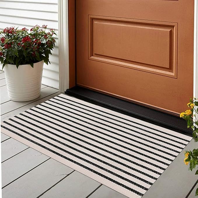 Striped Black Off White Layered Front Door Outdoor Doormat Rug 3' x 5' Area Throw Cotton Woven Ru... | Amazon (US)