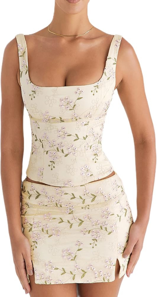 Women Y2k 2 Piece Skirt Sets Spaghetti Strap Slim Fit Camisole Low Waist Mesh Bodycon Mini Skirt Sum | Amazon (US)