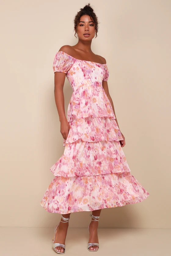 Phenomenal Vision Pink Multi Lurex Puff Sleeve Tiered Midi Dress | Lulus