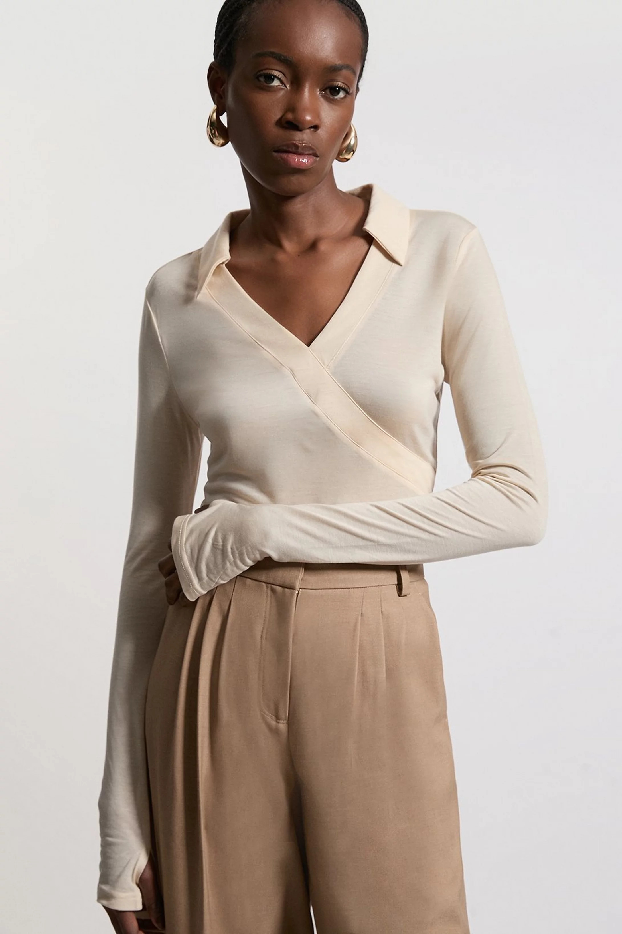 Premium Tencel Jersey Collared Long Sleeve Top | Karen Millen | Karen Millen UK + IE + DE + NL
