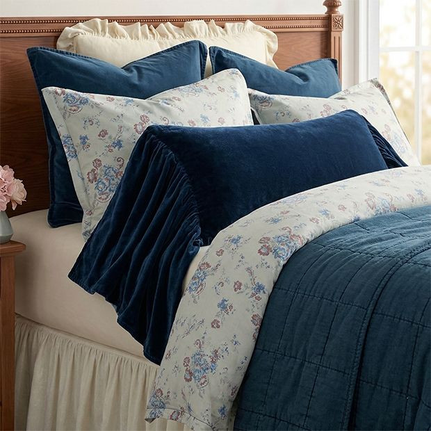 Dark Blue Long Ruffle Velvet Accent Pillow | Antique Farm House