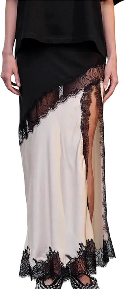 Women's Satin Midi Skirt High Waist Lace Asymmetrical Hem for Evening Outings and Date Night Look... | Amazon (US)
