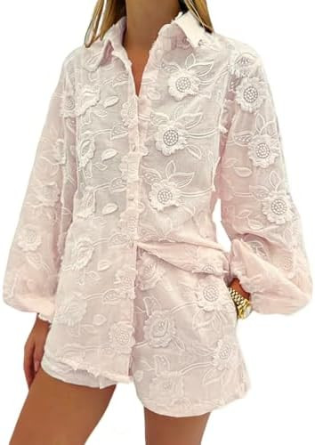REASERAL Womens Lace 2 Piece Outfits Long Sleeves Lapel Jacket Top Lace Up Mini Shorts Casual Goi... | Amazon (US)