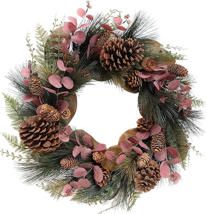 TEMPUS 20 inch Christmas Wreath Magnolia Leaves Red Eucalyptus Leaves with Pine Needle Pine Cone ... | Amazon (US)