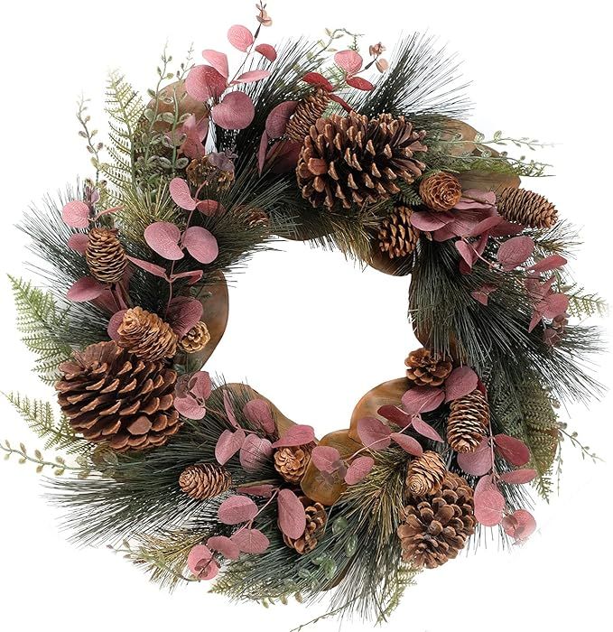 TEMPUS 20 inch Christmas Wreath Magnolia Leaves Red Eucalyptus Leaves with Pine Needle Pine Cone ... | Amazon (US)