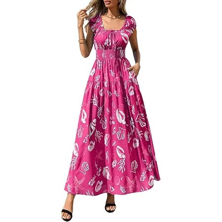 PRETTYGARDEN Women's Boho Maxi Dress Summer Cap Sleeve Long Flowy Beach Vacation Floral Sundresses Spring Resort Wear | Walmart (US)