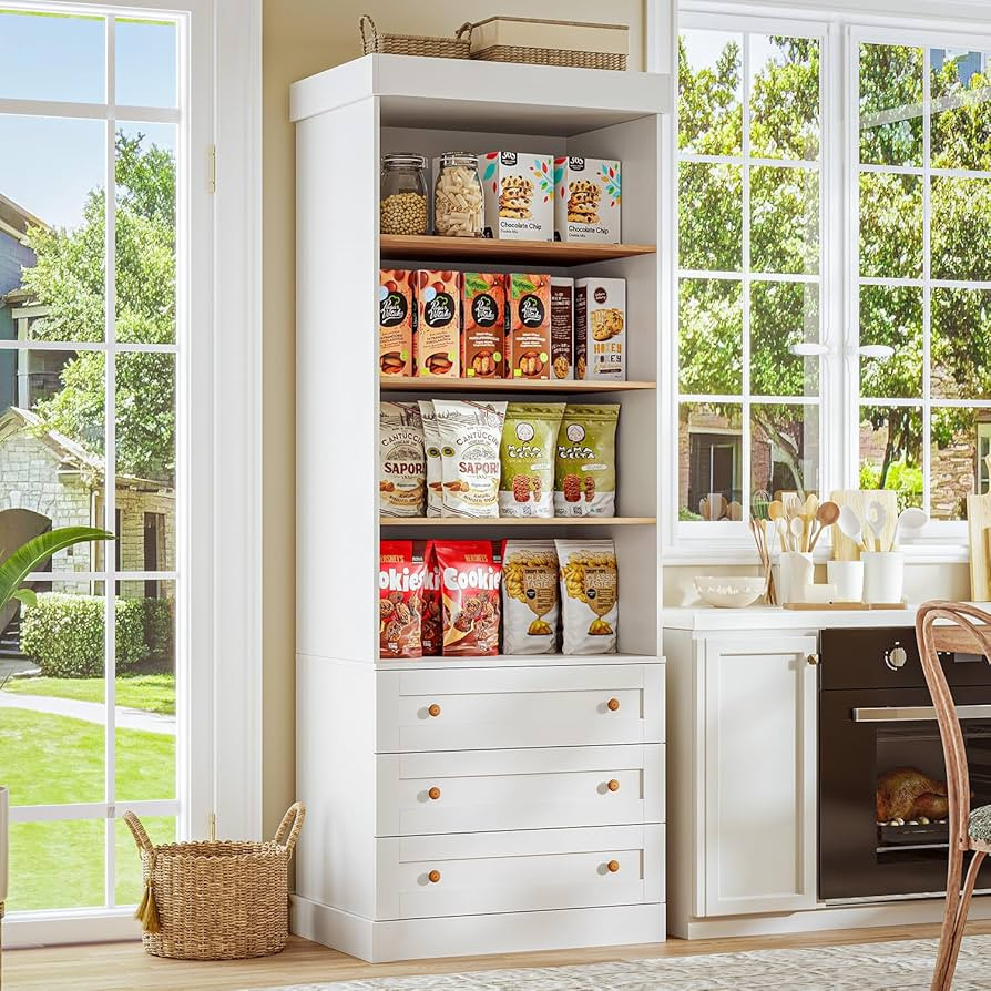 71" Tall Farmhouse Kitchen Pantry, Large Storage Cabinet with Adjustable Shelves, 3 Drawer, Wood ... | Amazon (US)